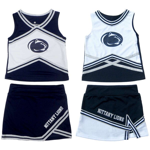 youth navy and white cheerleading outfits, Penn State Athletic Logo on tops, Nittany Lions on skirts
